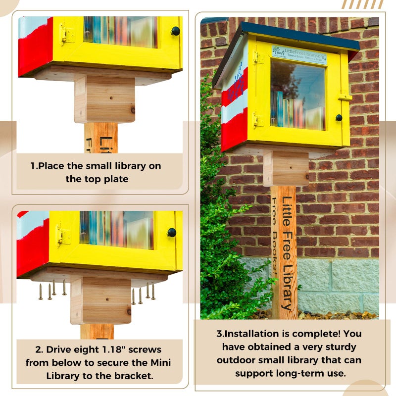 Threehoney Outdoor Little Library Mount 14x8x5.91 Inch Stable Wood Storage Box Bracket Holder Suitable for 4x4 Post with Mounting Accessories for Community Cabinet Lending Library Box(Wood Color) - Image 5